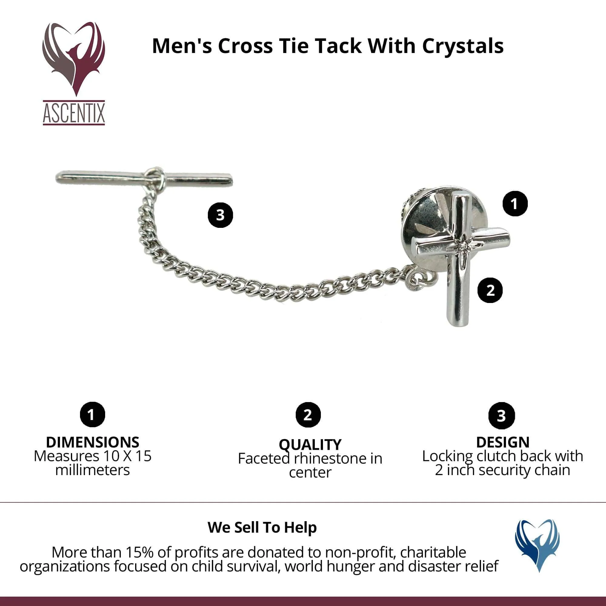 Ascentix Men's Elegant Cross Tie Tack with Crystal Center for Formal Wear