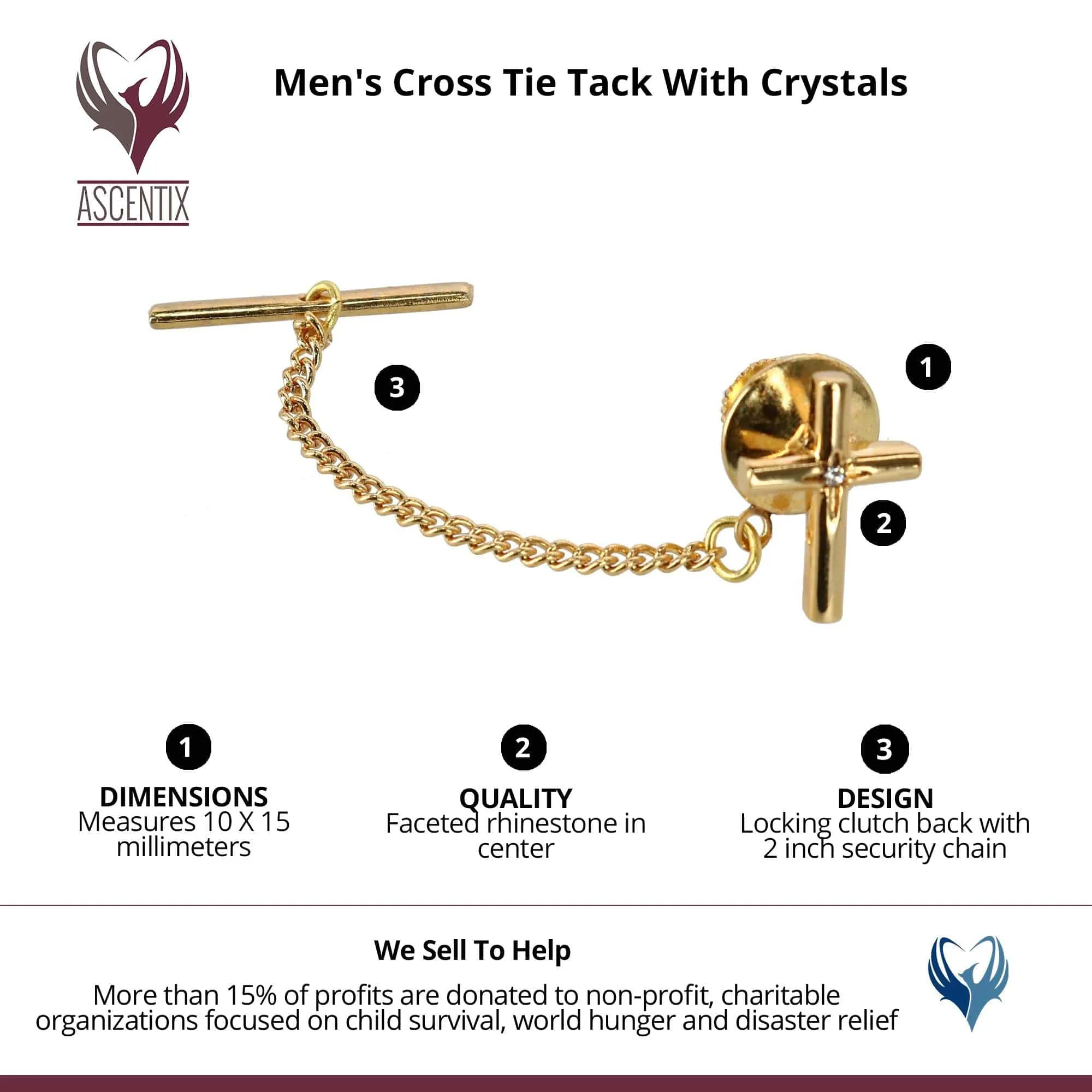Ascentix Men's Elegant Cross Tie Tack with Crystal Center for Formal Wear