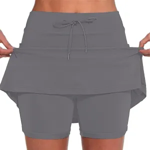 Athletic Skorts for Woman Elastic Hight Waist Drawstring Tennis Golf Skirt with Pockets Solid Color Yoga Shorts