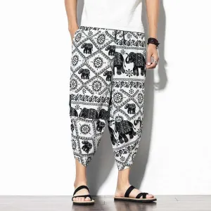Baggy Printed Cotton-Linen Cropped Pants