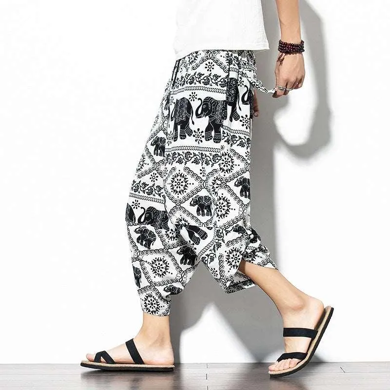 Baggy Printed Cotton-Linen Cropped Pants