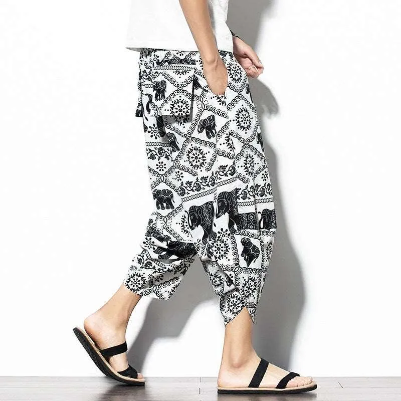 Baggy Printed Cotton-Linen Cropped Pants