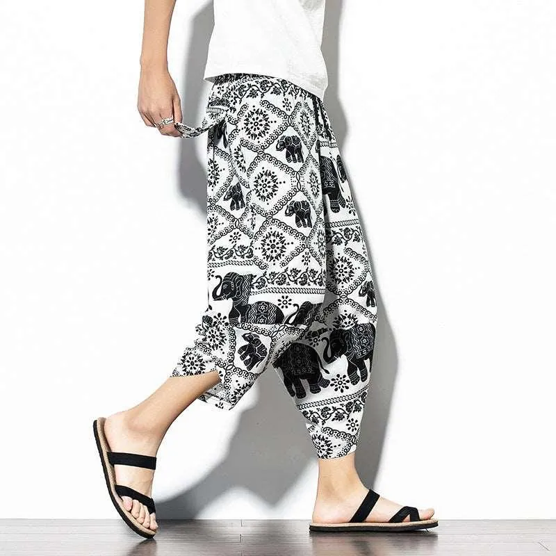 Baggy Printed Cotton-Linen Cropped Pants