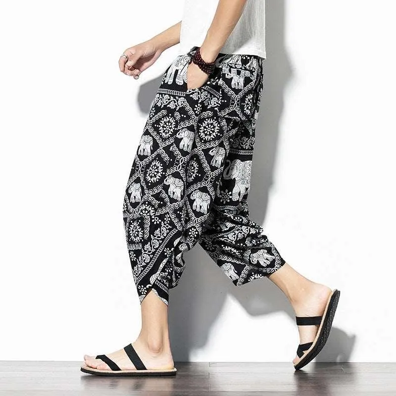 Baggy Printed Cotton-Linen Cropped Pants