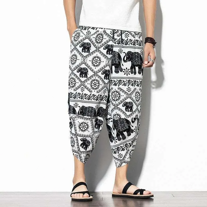 Baggy Printed Cotton-Linen Cropped Pants