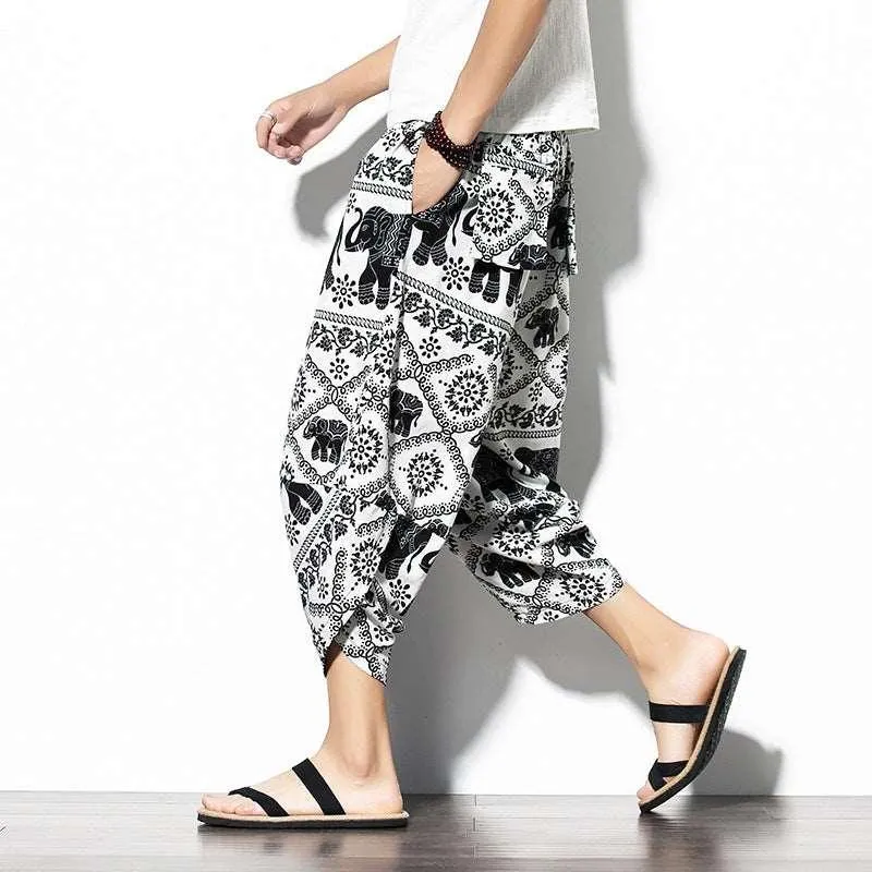 Baggy Printed Cotton-Linen Cropped Pants