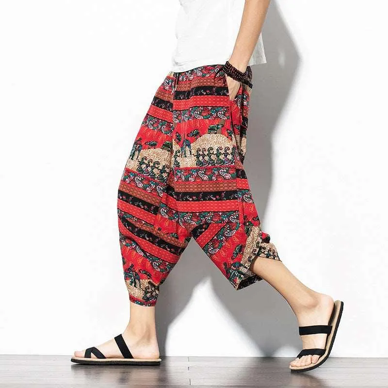 Baggy Printed Cotton-Linen Cropped Pants