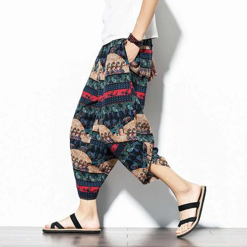 Baggy Printed Cotton-Linen Cropped Pants