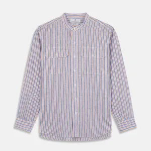 Blue & Red Linen Stripe Weekend Fit Shirt with Stand Collar