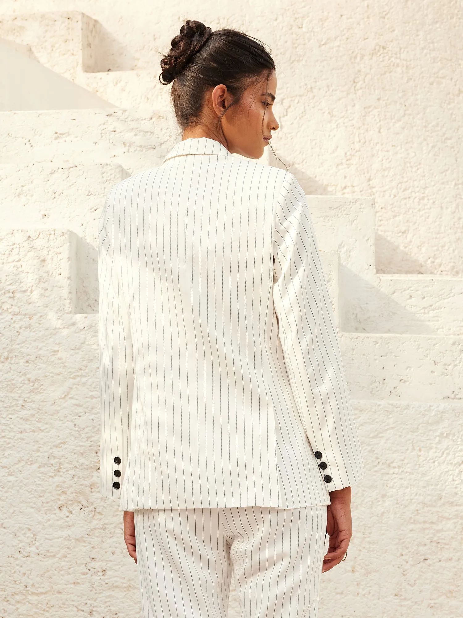 Bold-White Stripes Striped Double Breasted Blazer - White