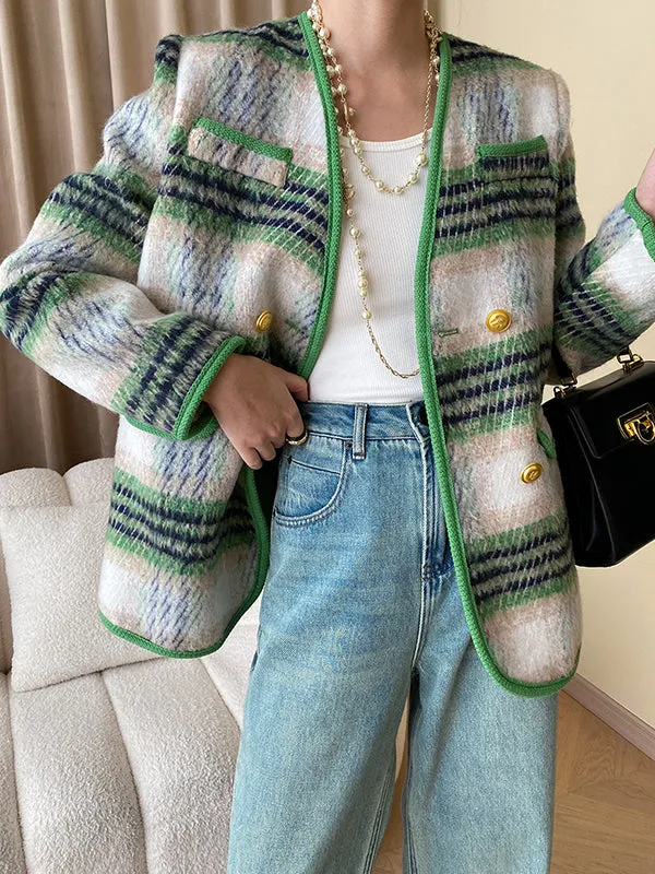 Buttoned Contrast Color Plaid Long Sleeves V-Neck Outerwear Jackets