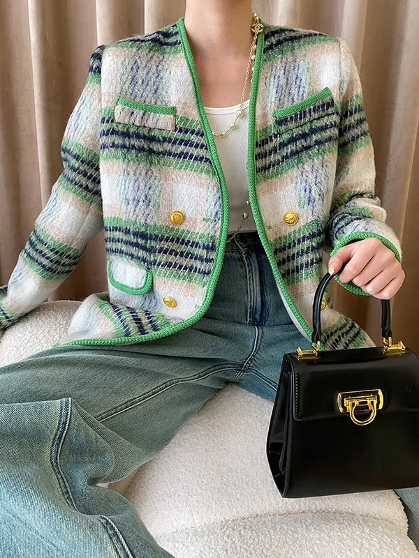 Buttoned Contrast Color Plaid Long Sleeves V-Neck Outerwear Jackets