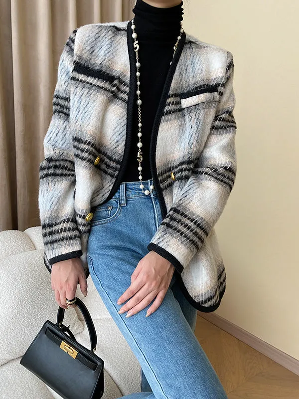 Buttoned Contrast Color Plaid Long Sleeves V-Neck Outerwear Jackets