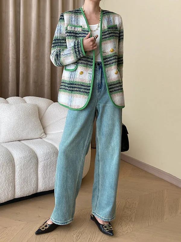Buttoned Contrast Color Plaid Long Sleeves V-Neck Outerwear Jackets