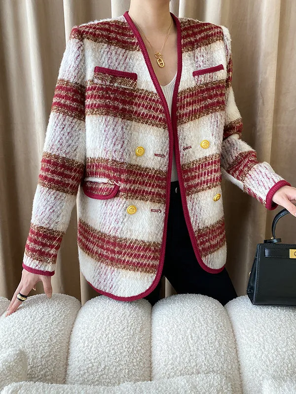 Buttoned Contrast Color Plaid Long Sleeves V-Neck Outerwear Jackets