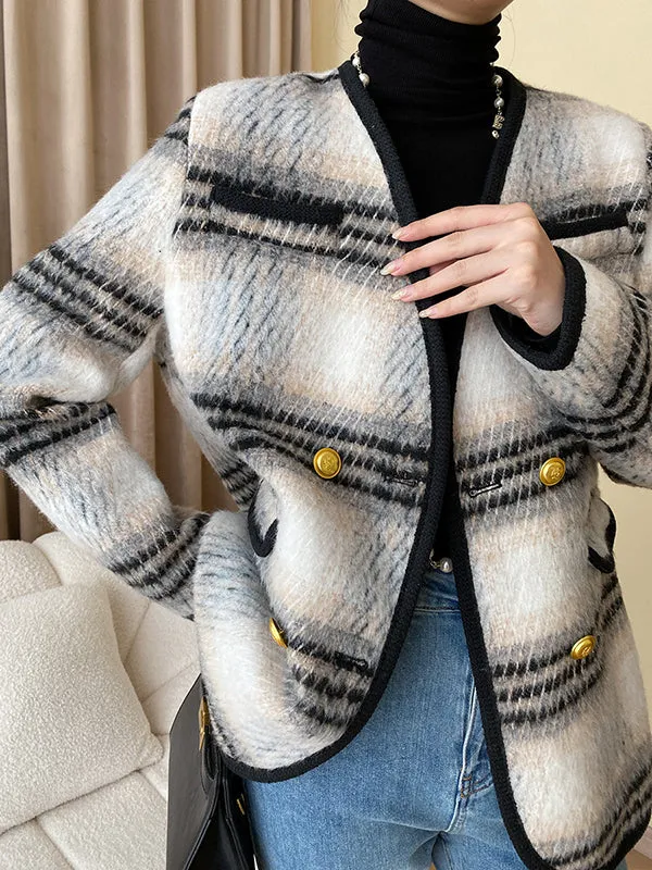 Buttoned Contrast Color Plaid Long Sleeves V-Neck Outerwear Jackets