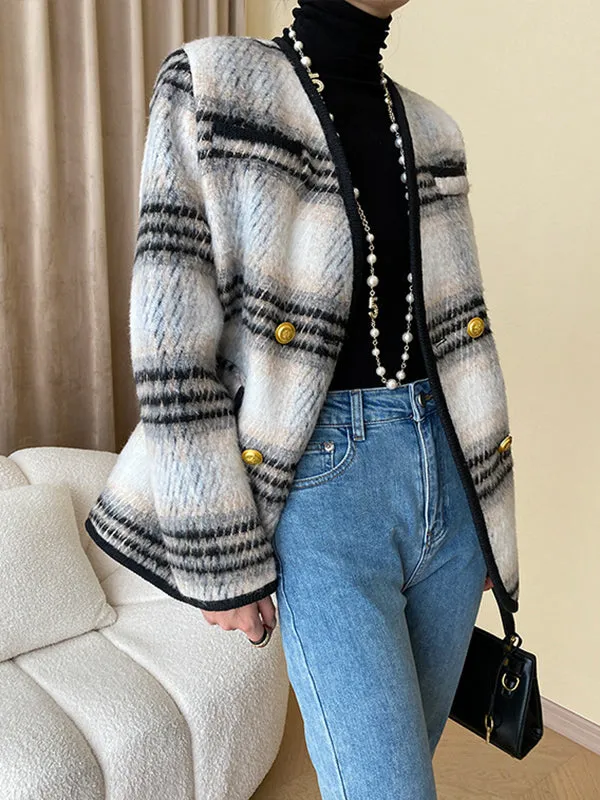 Buttoned Contrast Color Plaid Long Sleeves V-Neck Outerwear Jackets