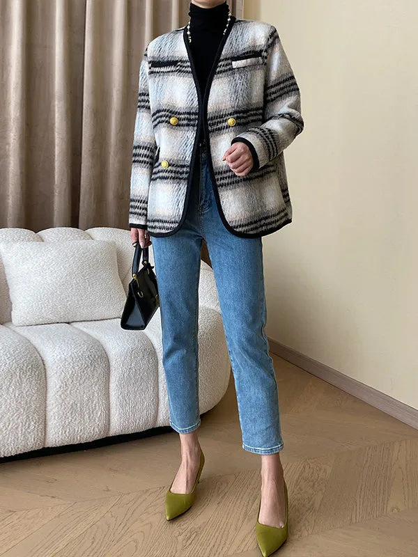 Buttoned Contrast Color Plaid Long Sleeves V-Neck Outerwear Jackets