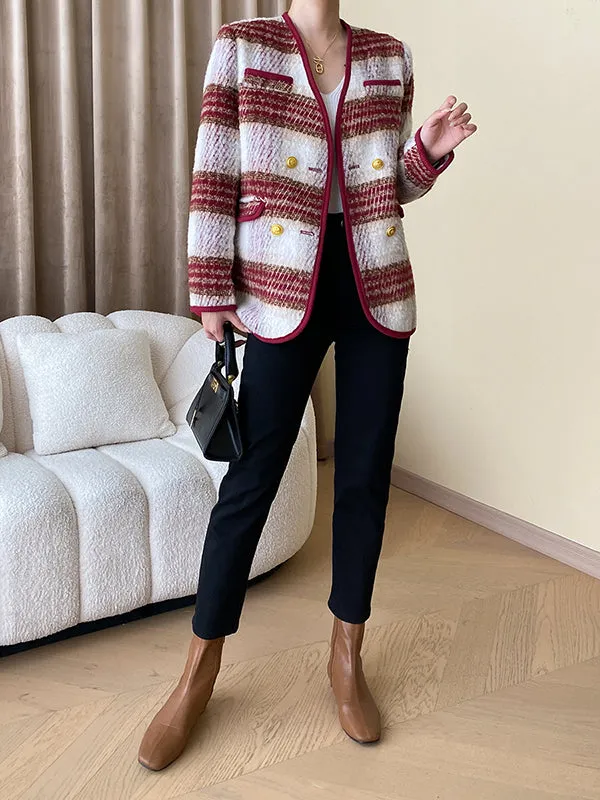 Buttoned Contrast Color Plaid Long Sleeves V-Neck Outerwear Jackets