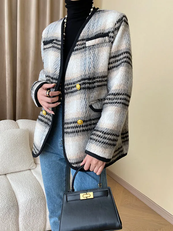 Buttoned Contrast Color Plaid Long Sleeves V-Neck Outerwear Jackets