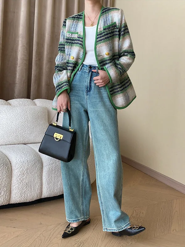 Buttoned Contrast Color Plaid Long Sleeves V-Neck Outerwear Jackets