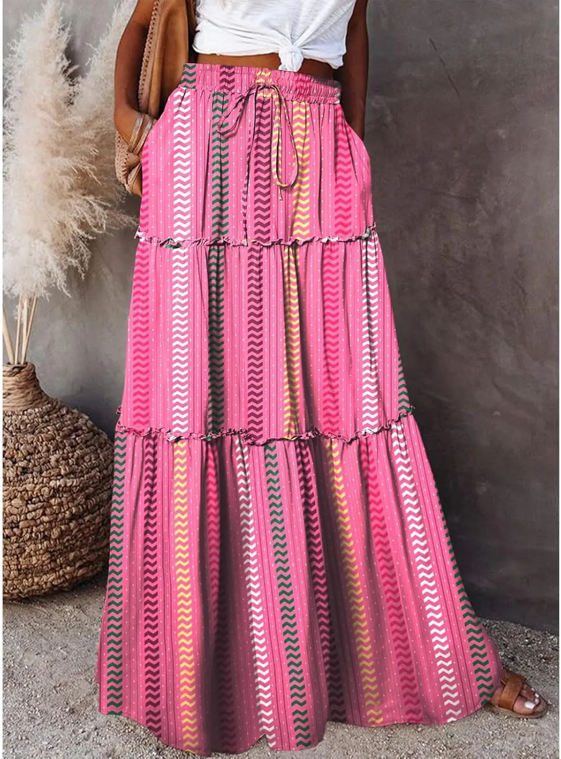 Casual Vacation Maxi Skirt, High Waisted Trendy Flowy 2025 Elegantes Long Skirt
