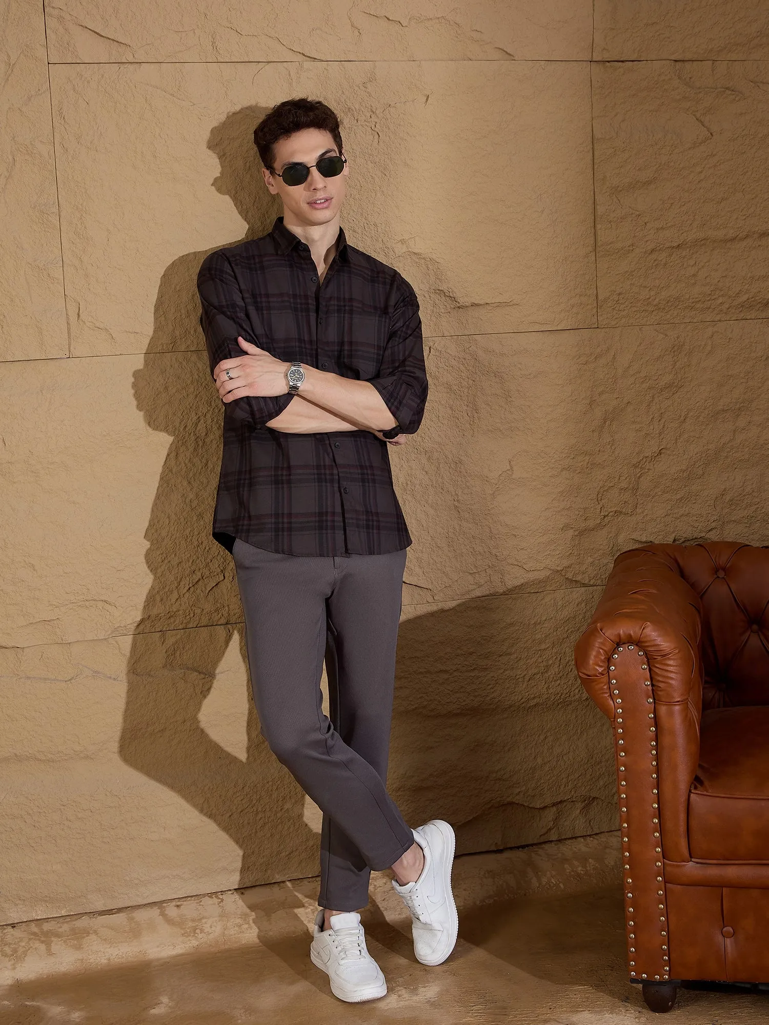Charcoal Grey: Textured Stretchable  Chinos