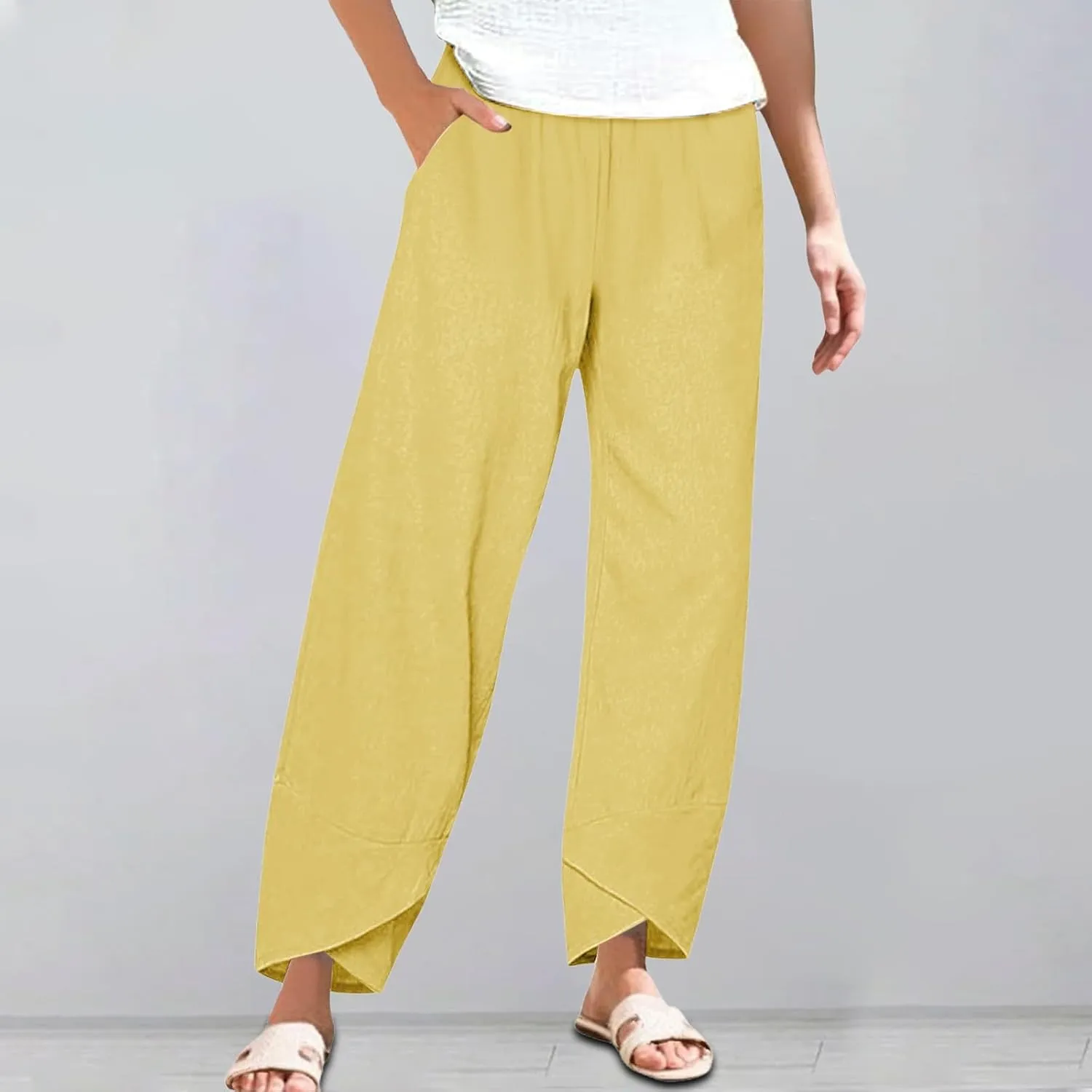 Cotton Linen Pants for Women Summer Plus Size Boho Pants Lightweight Hight Waist Vacation Beach Trousers with Pockets