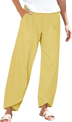 Cotton Linen Pants for Women Summer Plus Size Boho Pants Lightweight Hight Waist Vacation Beach Trousers with Pockets