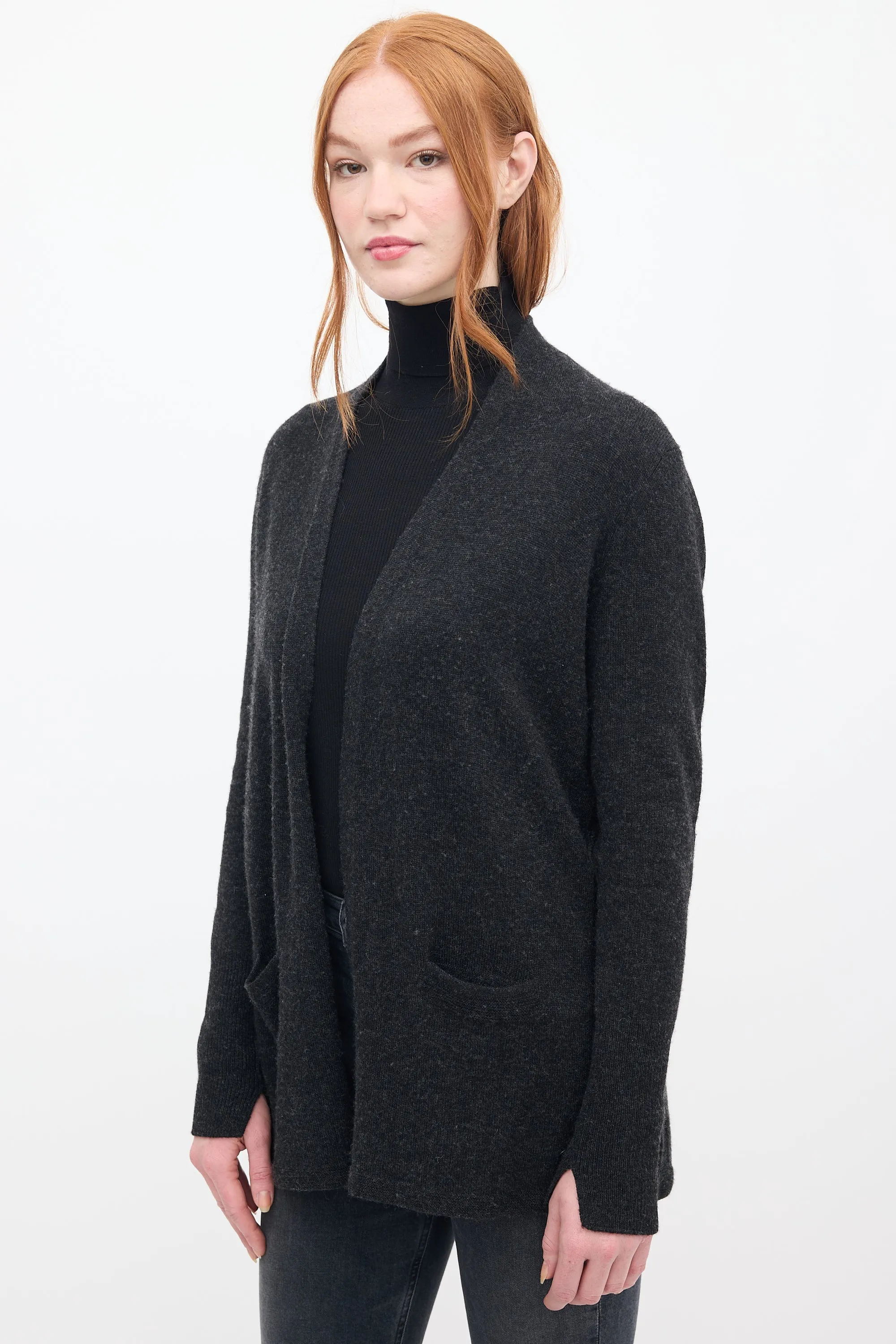 Dark Grey Cashmere Open Front Cardigan