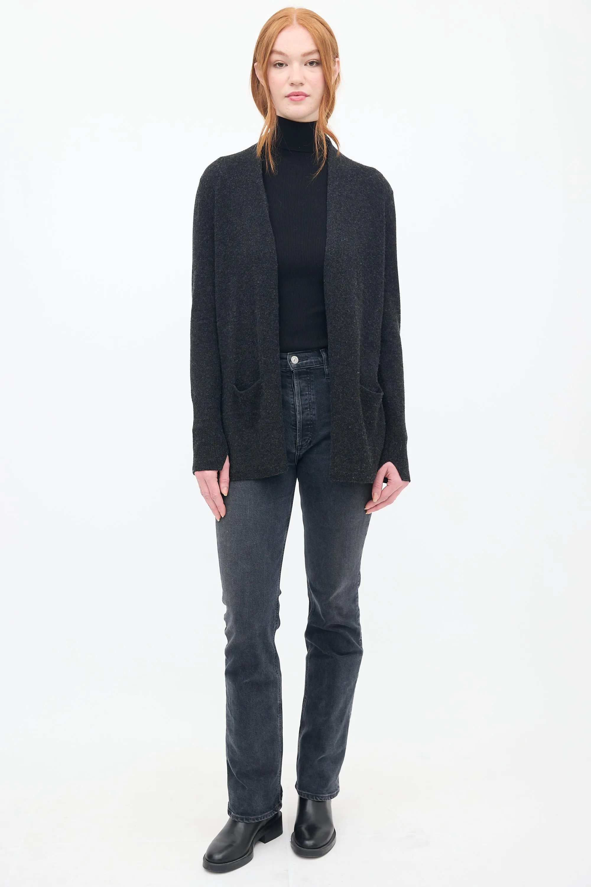 Dark Grey Cashmere Open Front Cardigan