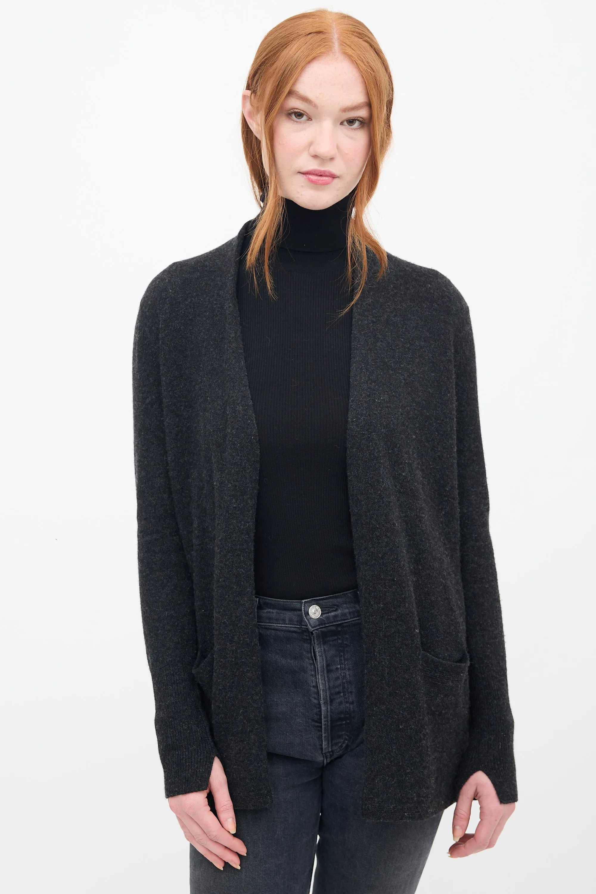 Dark Grey Cashmere Open Front Cardigan