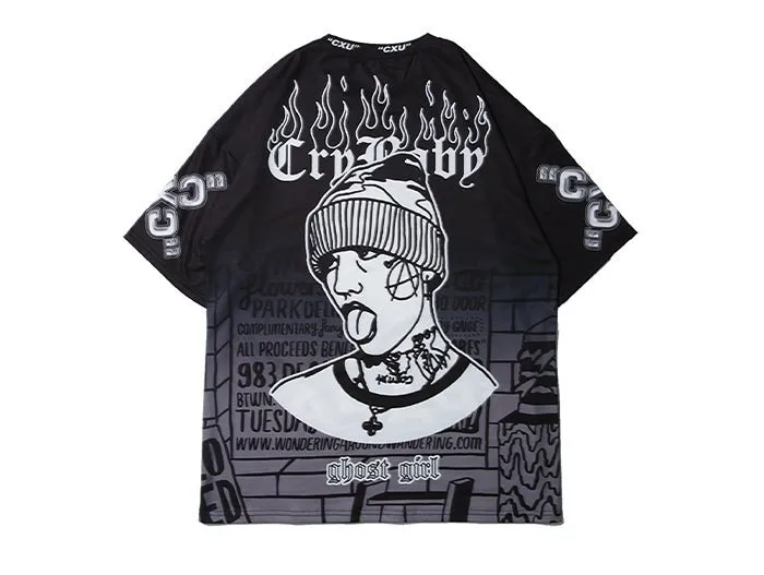 Dark Loose Clown Print Hip Hop Tshirt Men Summer Casual Short Sleeve Tees Shirt Fashion Streetwear Black
