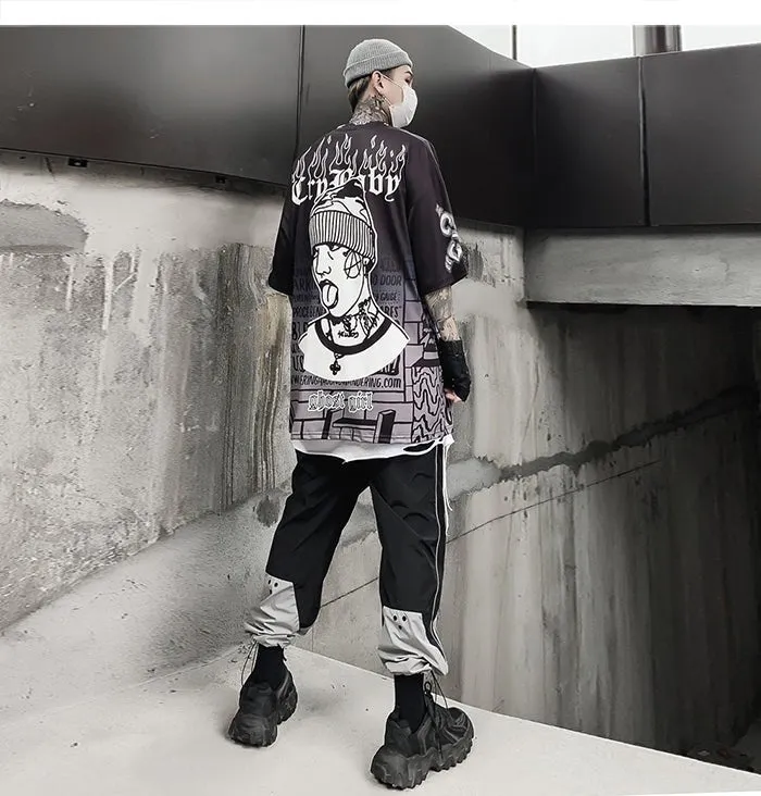 Dark Loose Clown Print Hip Hop Tshirt Men Summer Casual Short Sleeve Tees Shirt Fashion Streetwear Black