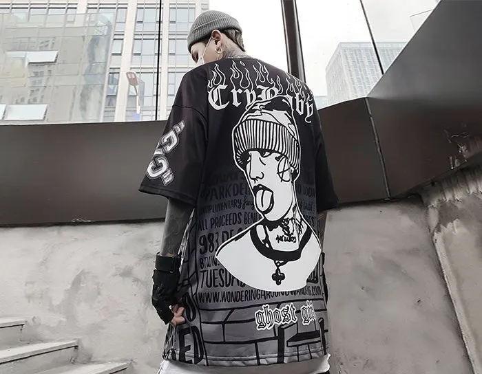 Dark Loose Clown Print Hip Hop Tshirt Men Summer Casual Short Sleeve Tees Shirt Fashion Streetwear Black