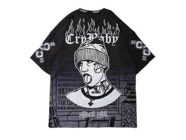 Dark Loose Clown Print Hip Hop Tshirt Men Summer Casual Short Sleeve Tees Shirt Fashion Streetwear Black