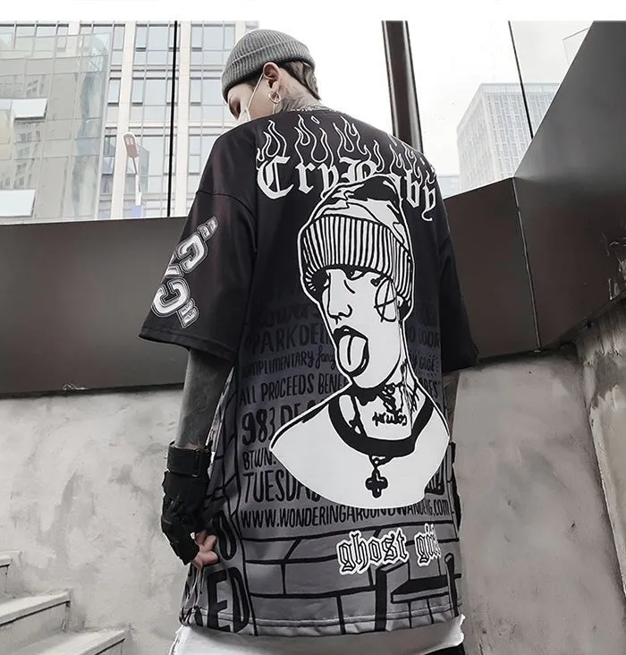 Dark Loose Clown Print Hip Hop Tshirt Men Summer Casual Short Sleeve Tees Shirt Fashion Streetwear Black