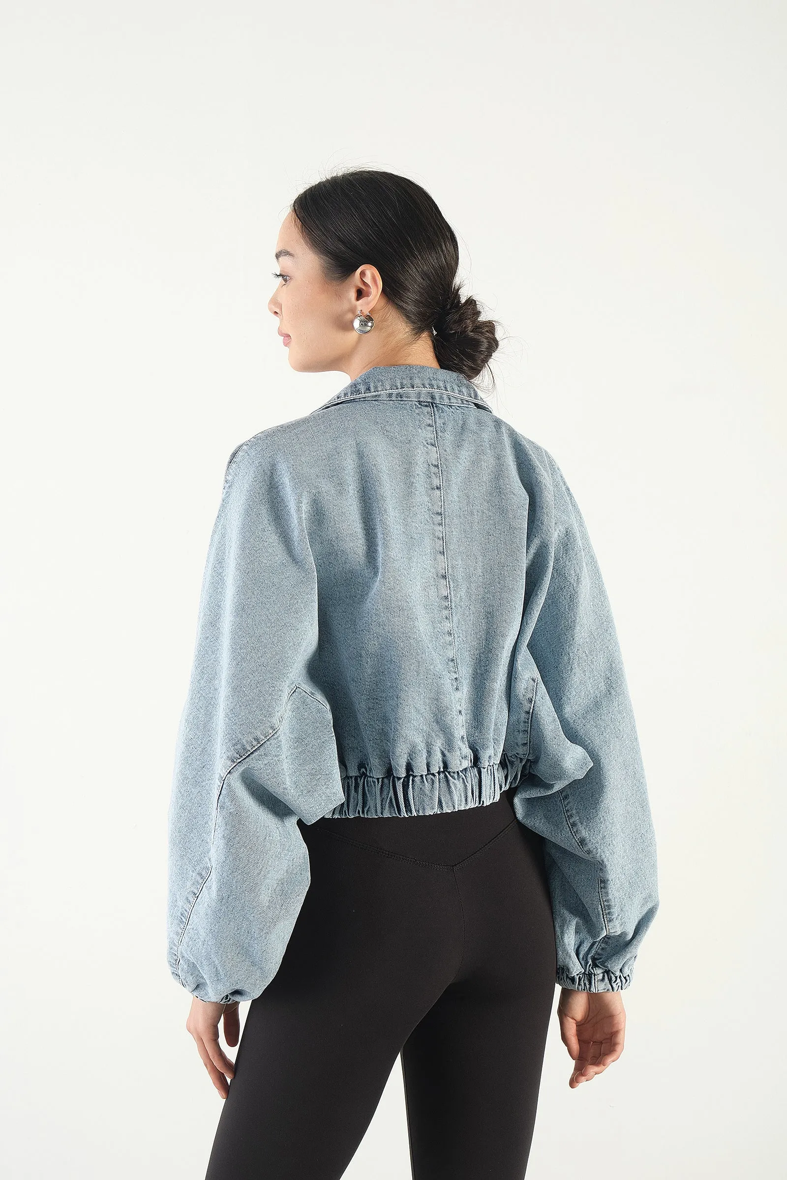 Front Zip Puff Sleeve Denim Jacket