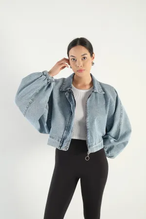 Front Zip Puff Sleeve Denim Jacket