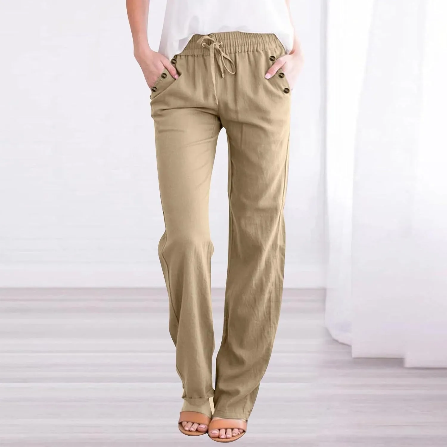 High Waisted Linen Pants Women Summer Boho Cotton Palazzo Pants Casual Summer Wide Leg Flowy Beach Pants with Pockets