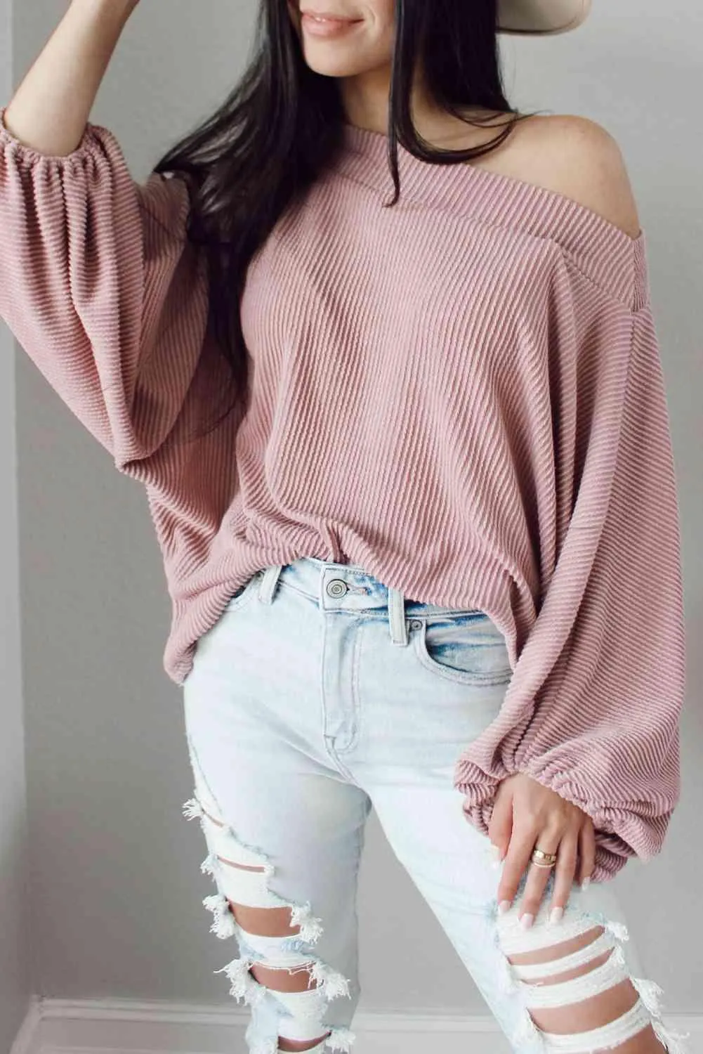 Lantern Sleeve Boat Neck Knit Sweater