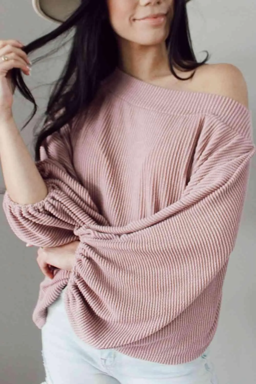 Lantern Sleeve Boat Neck Knit Sweater