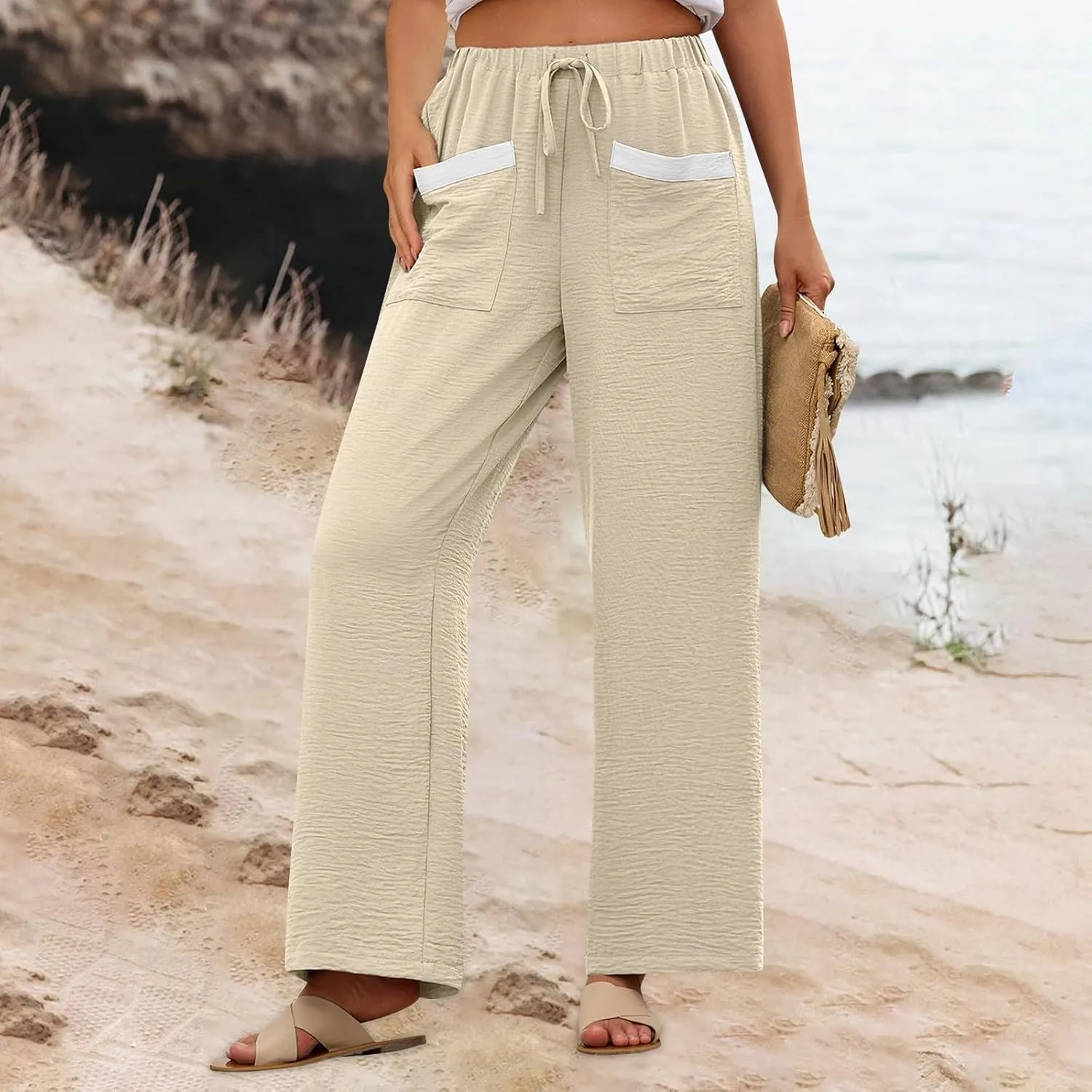 Linen Pants Women 2025 Summer Drawstring Elastic High Waisted Wide Leg Beach Pants Lounge Baggy Vacation Trousers w/Pockets