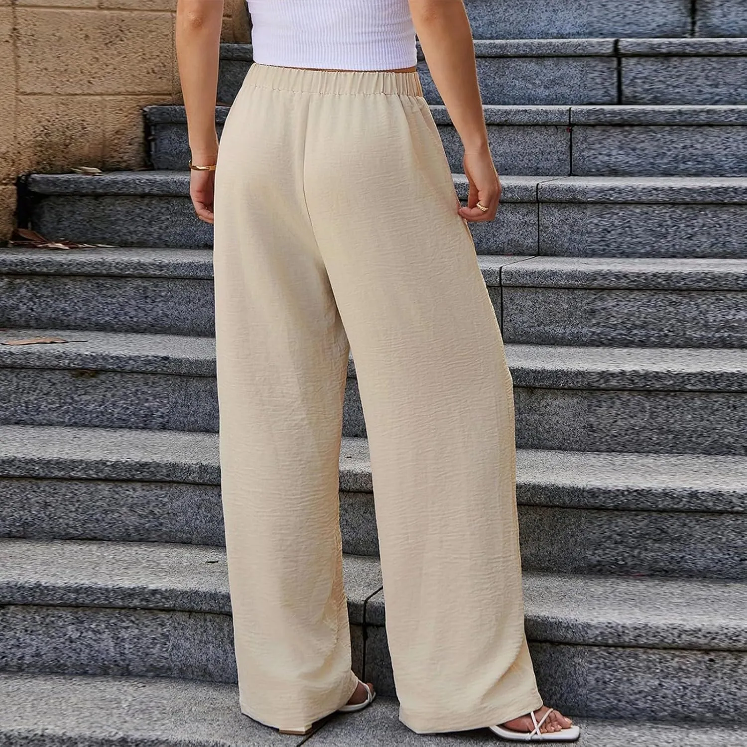 Linen Pants Women 2025 Summer Drawstring Elastic High Waisted Wide Leg Beach Pants Lounge Baggy Vacation Trousers w/Pockets