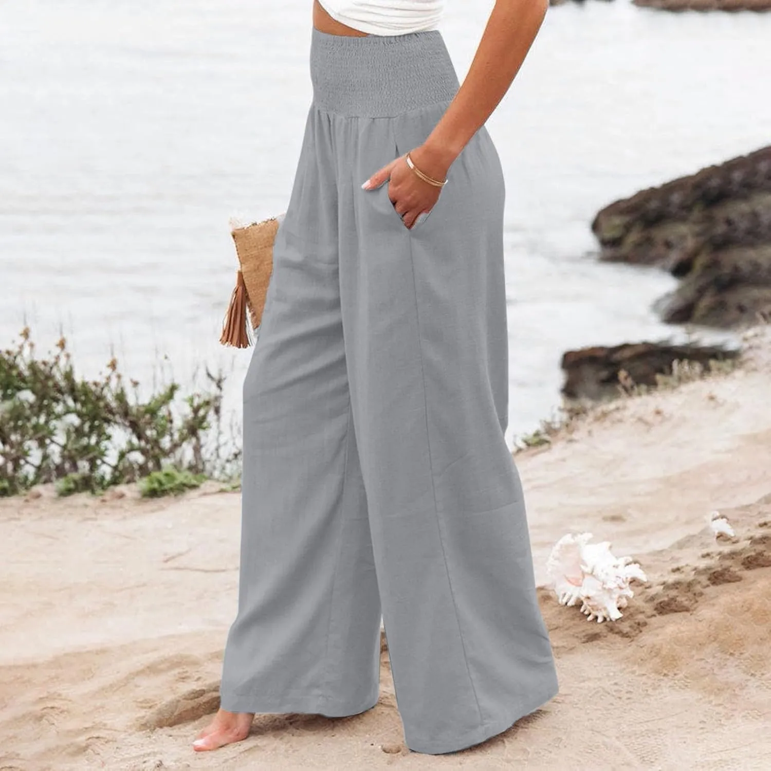 Linen Pants Women Baggy Wide Leg Flowy Beach Pants Elastic High Waisted Smocked Tummy Control Vacation Pants with Pockets