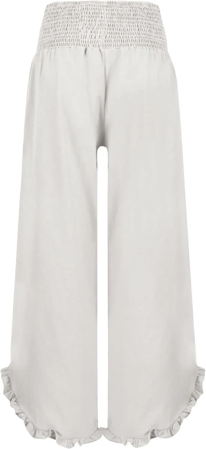 Linen Pants Women Summer Baggy Wide Leg Flowy Beach Pants Elastic High Waisted Tummy Control Vacation Pants with Pockets
