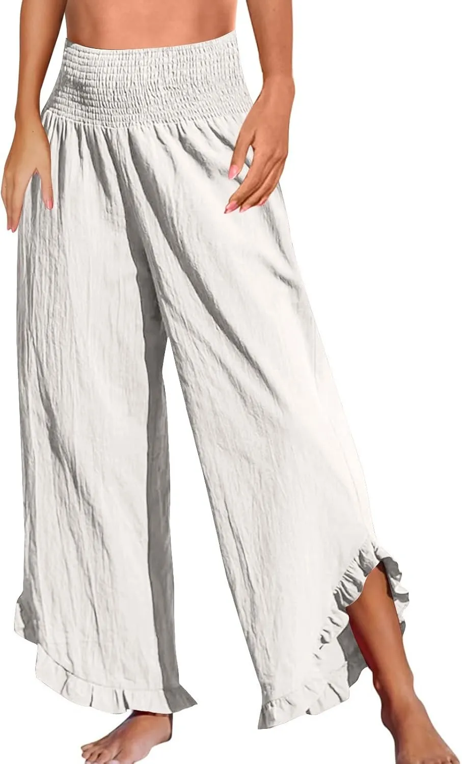Linen Pants Women Summer Baggy Wide Leg Flowy Beach Pants Elastic High Waisted Tummy Control Vacation Pants with Pockets
