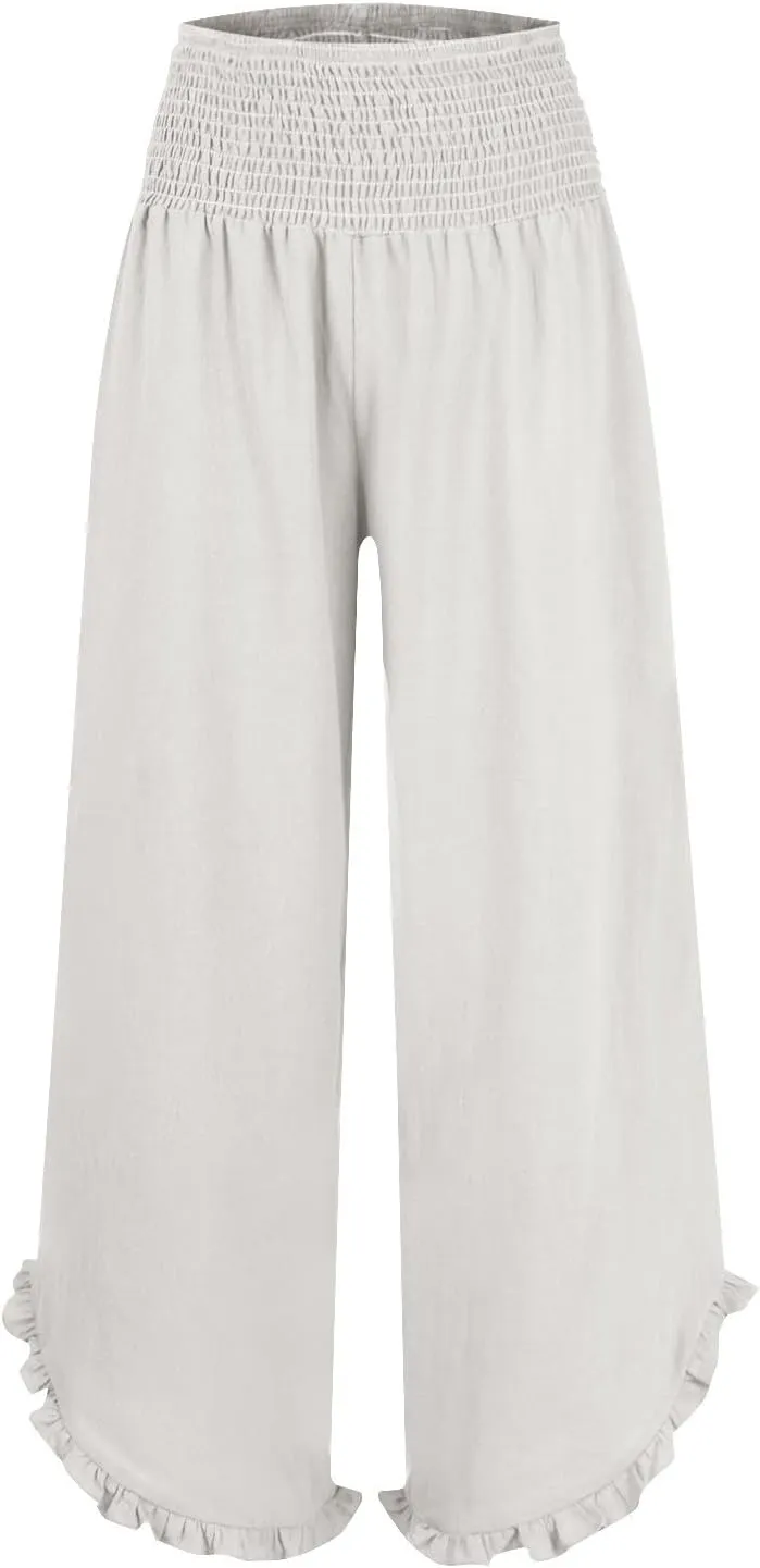 Linen Pants Women Summer Baggy Wide Leg Flowy Beach Pants Elastic High Waisted Tummy Control Vacation Pants with Pockets