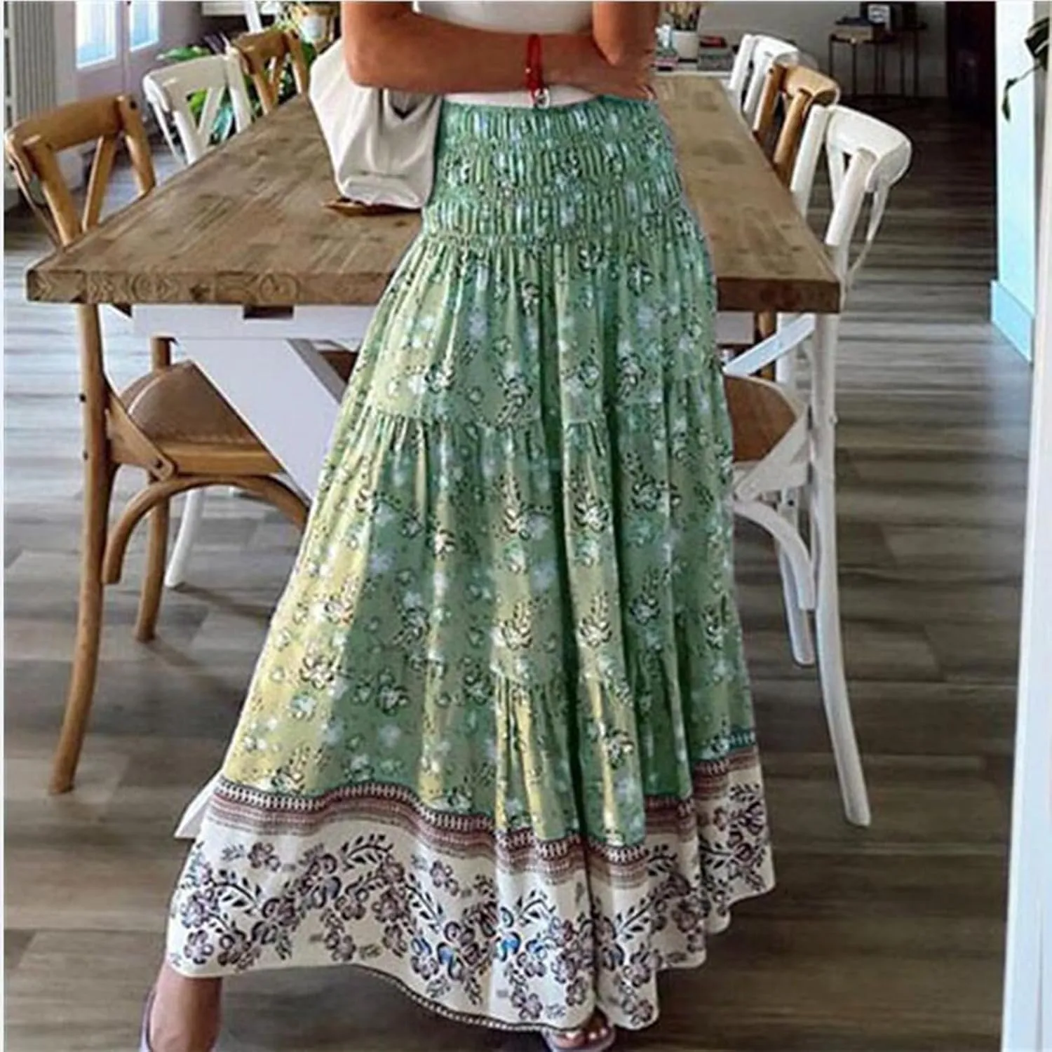 Long Boho Skirts for Women Trendy Floral Elastic High Waisted Tiered Maxi Skirt Summer Elastic A Line Beach Flowy Skirts