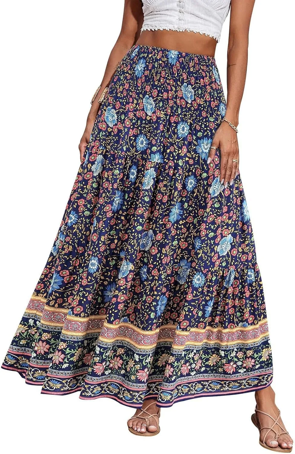 Long Boho Skirts for Women Trendy Floral Elastic High Waisted Tiered Maxi Skirt Summer Elastic A Line Beach Flowy Skirts